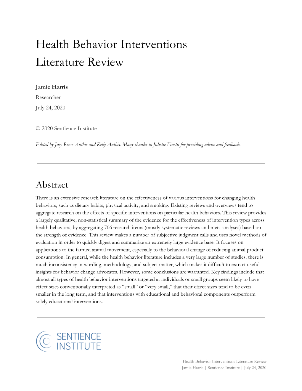Health Behavior Interventions Literature Review