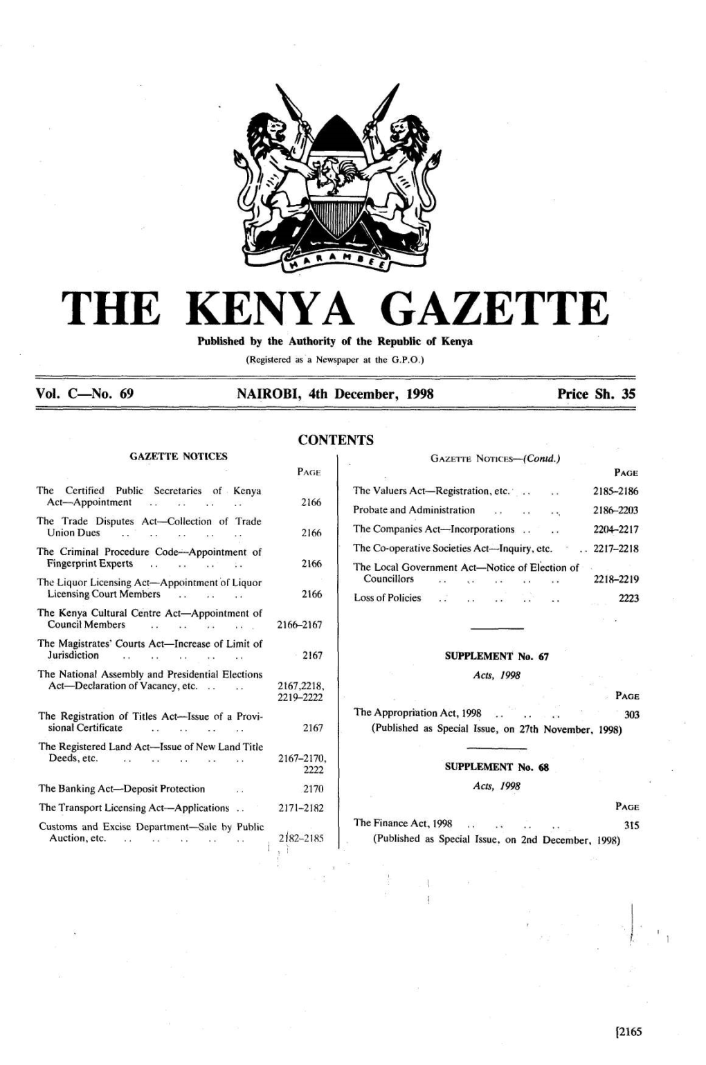 THE KENYA GAZETTE Published by the Authority of the Republic of Kenya (Registered As a Newspaper at the G.P.O.)