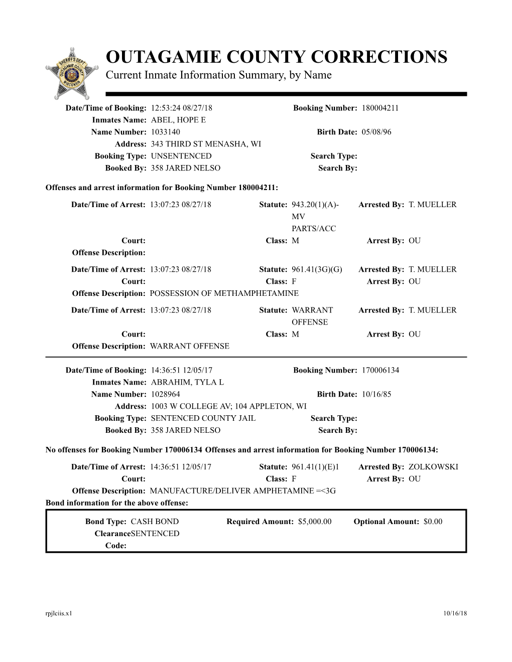 OUTAGAMIE COUNTY CORRECTIONS Current Inmate Information Summary, by Name