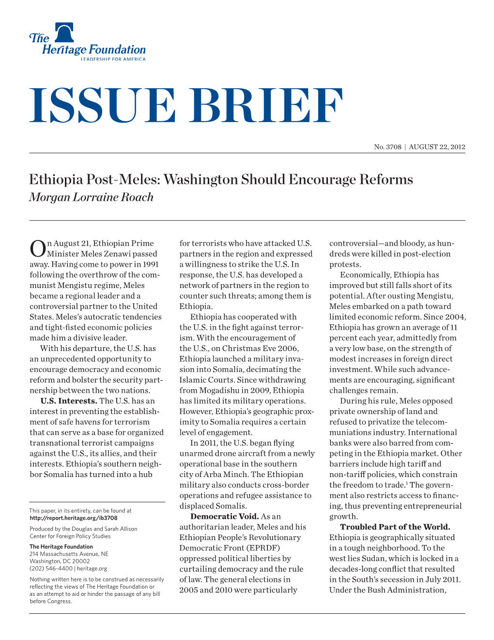 Ethiopia Post-Meles: Washington Should Encourage Reforms Morgan Lorraine Roach