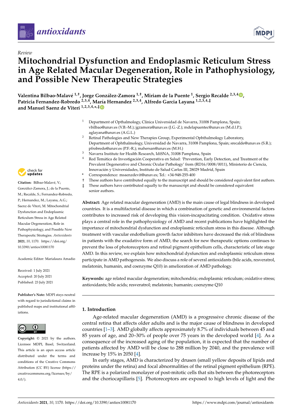 Mitochondrial Dysfunction and Endoplasmic Reticulum Stress in Age Related Macular Degeneration, Role in Pathophysiology, and Possible New Therapeutic Strategies