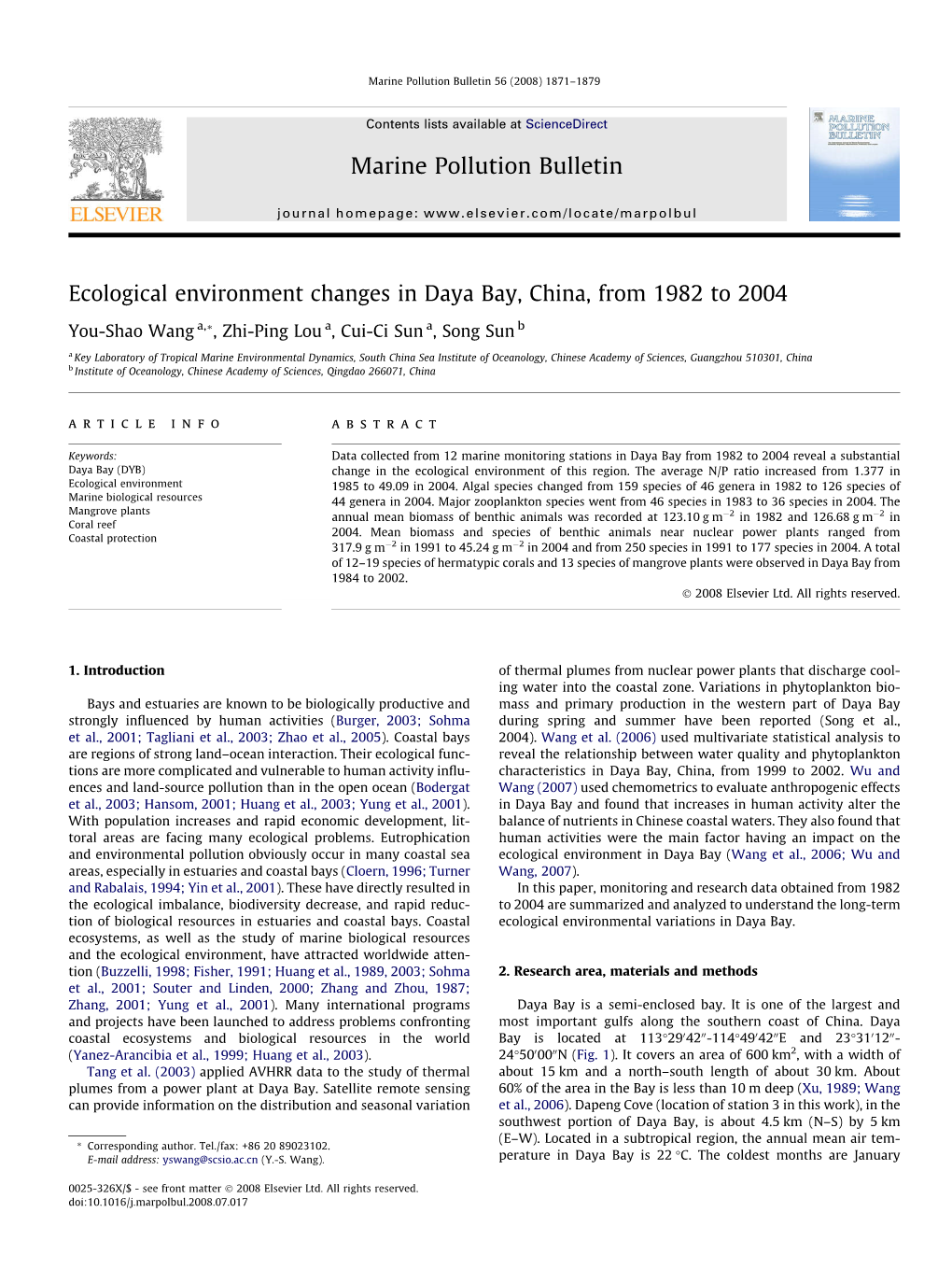 Ecological Environment Changes in Daya Bay, China, from 1982 to 2004