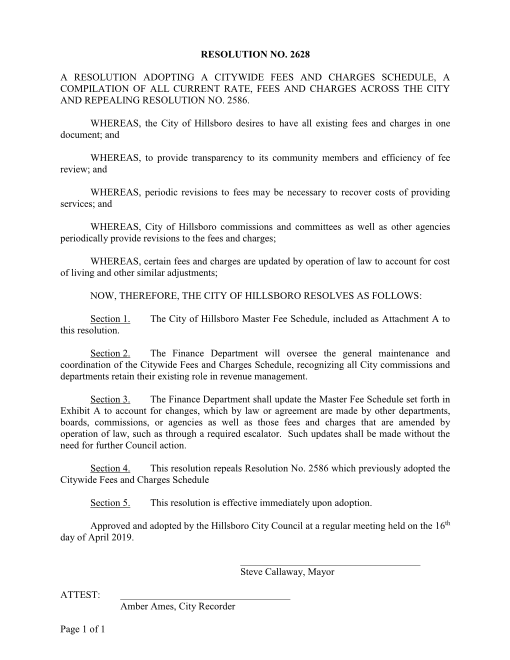 Citywide Fees and Charges Schedule, a Compilation of All Current Rate, Fees and Charges Across the City and Repealing Resolution No