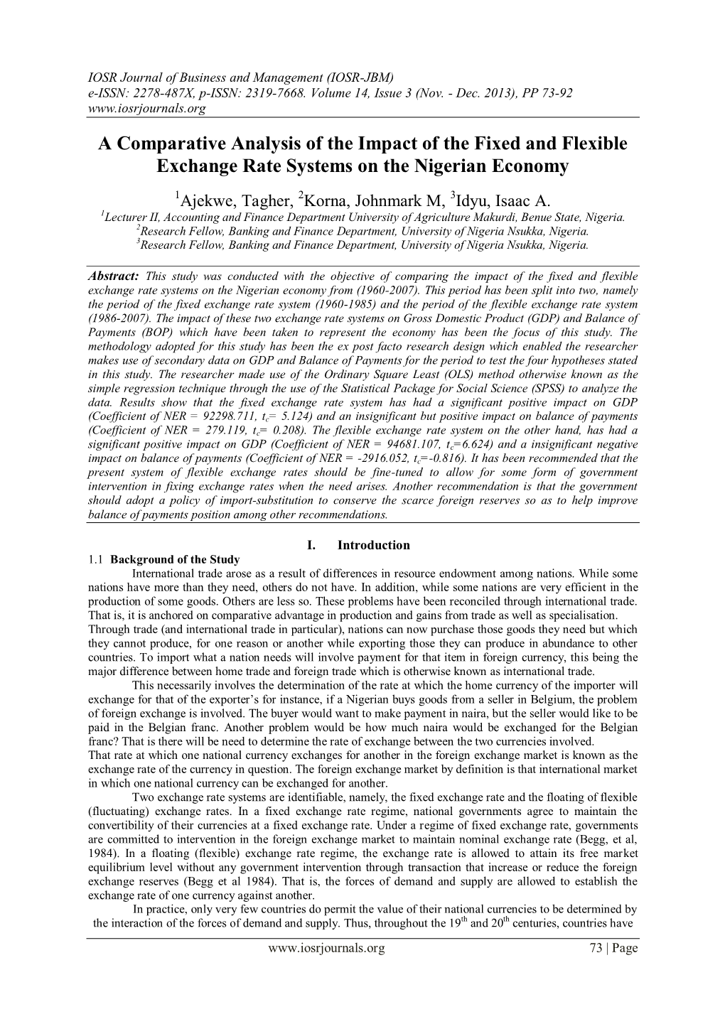 A Comparative Analysis of the Impact of the Fixed and Flexible Exchange Rate Systems on the Nigerian Economy