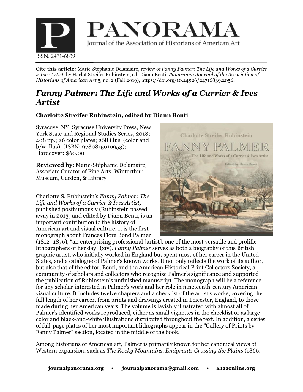 Fanny Palmer: the Life and Works of a Currier & Ives Artist, by Harlot Streifer Rubinstein, Ed