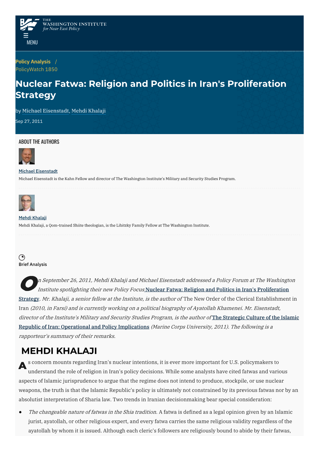 Nuclear Fatwa: Religion and Politics in Iran's Proliferation Strategy by Michael Eisenstadt, Mehdi Khalaji