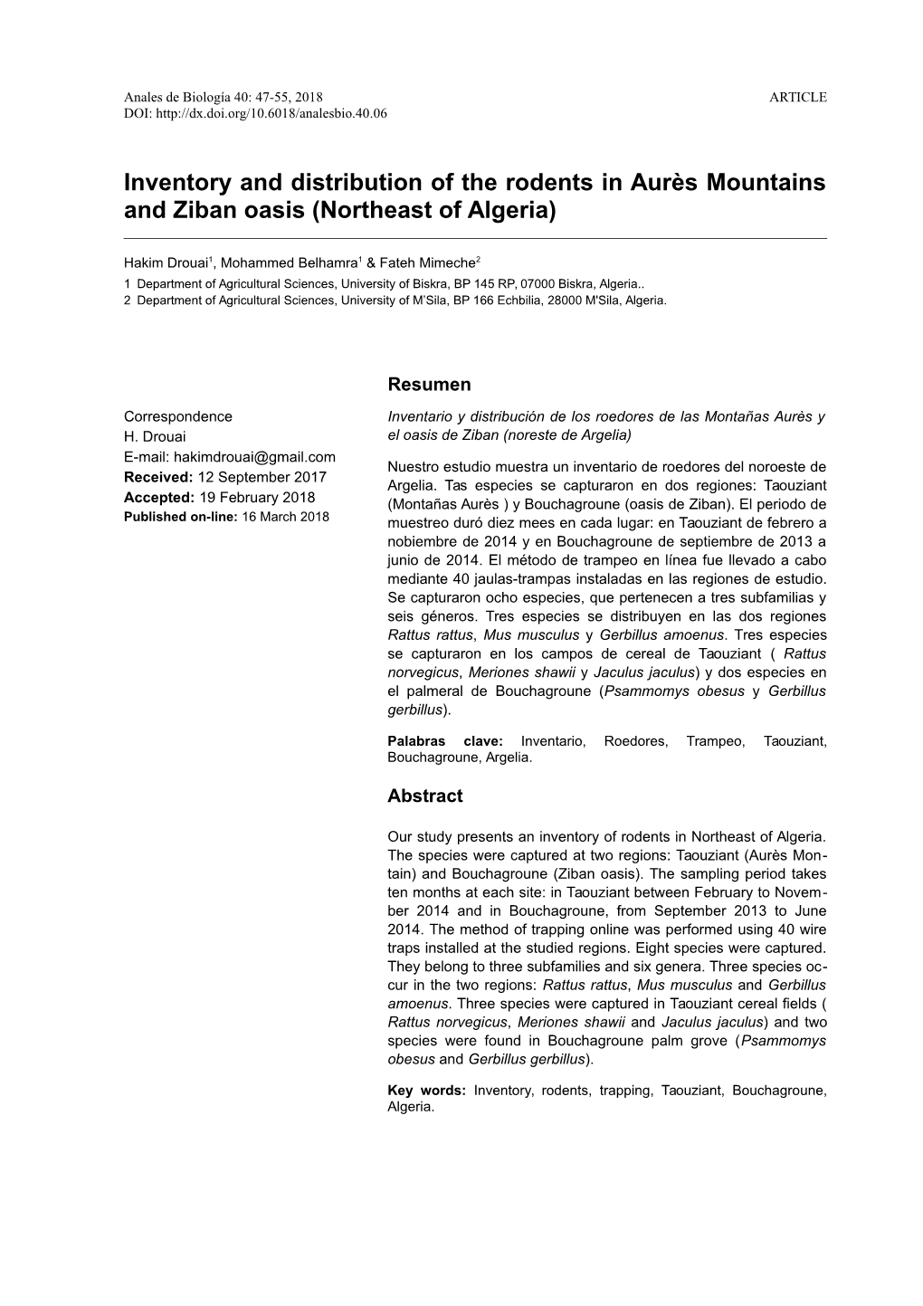 Inventory and Distribution of the Rodents in Aurès Mountains and Ziban Oasis (Northeast of Algeria)