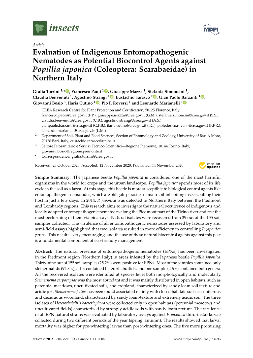 Evaluation of Indigenous Entomopathogenic Nematodes As Potential Biocontrol Agents Against Popillia Japonica (Coleoptera: Scarabaeidae) in Northern Italy