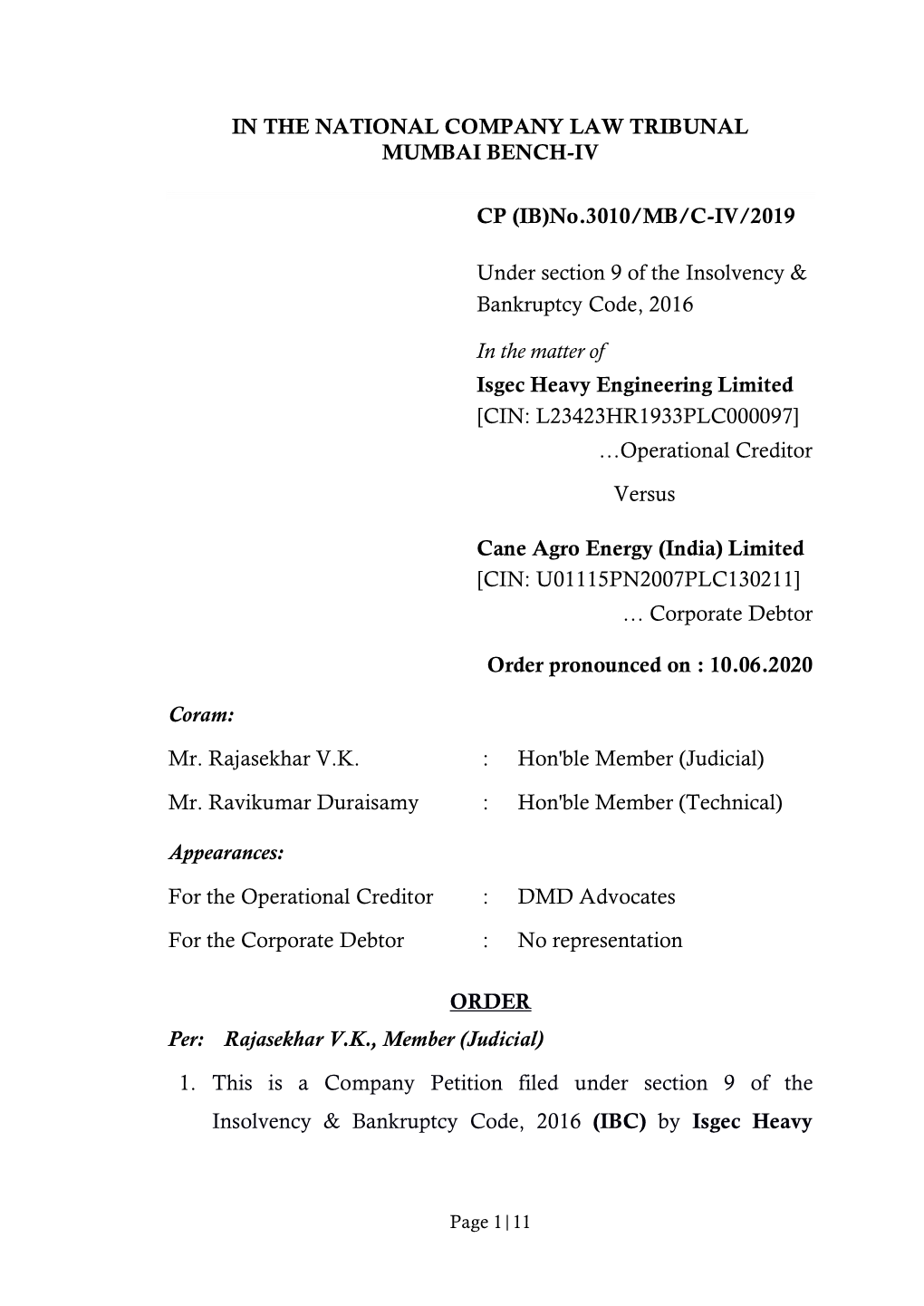 IN the NATIONAL COMPANY LAW TRIBUNAL MUMBAI BENCH-IV CP (IB)No.3010/MB/C-IV/2019