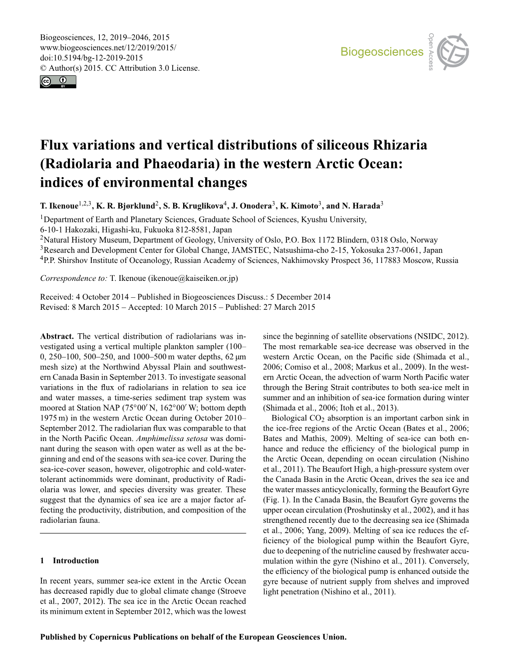 Radiolaria and Phaeodaria) in the Western Arctic Ocean: Indices of Environmental Changes