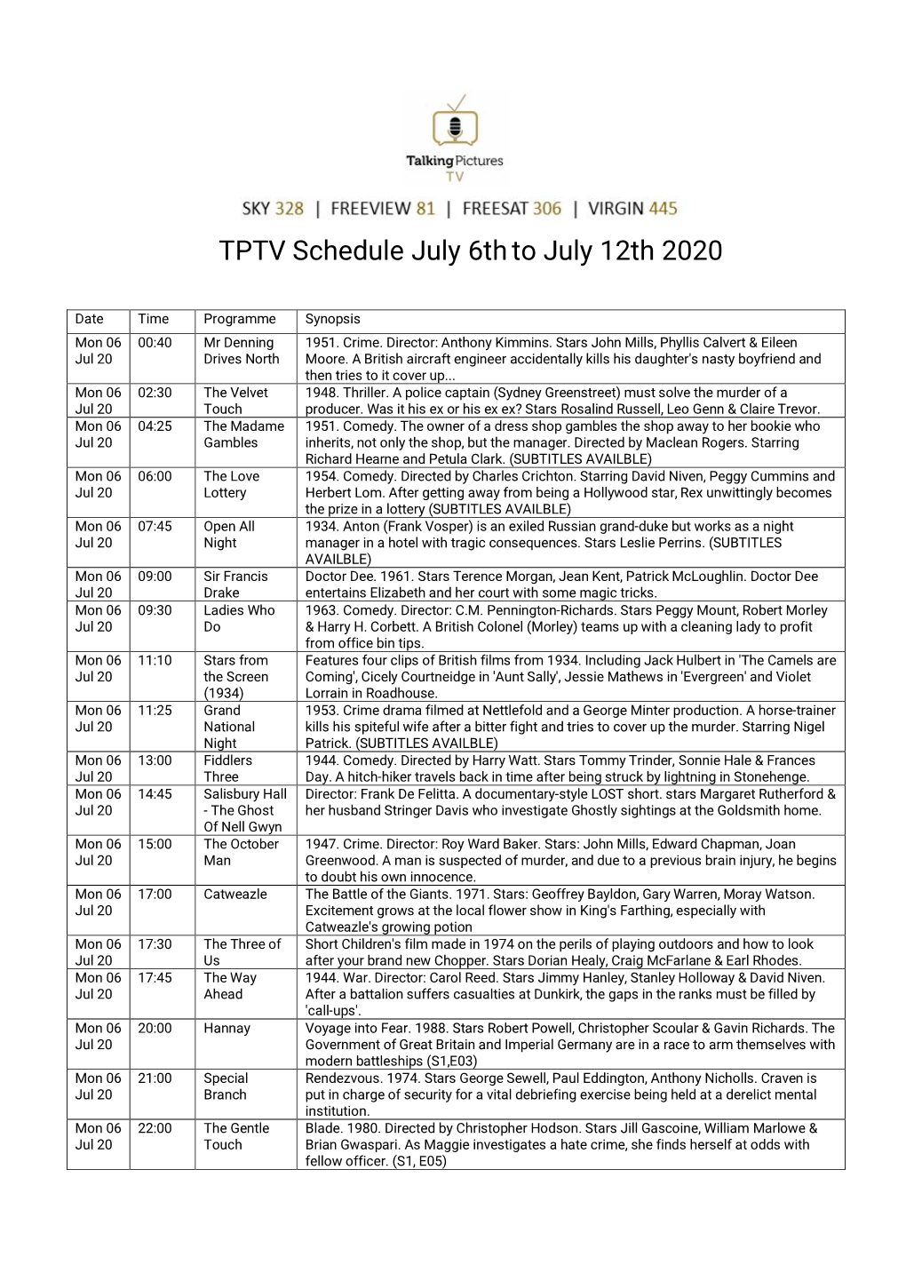 TPTV Schedule July 6Thto July 12Th 2020