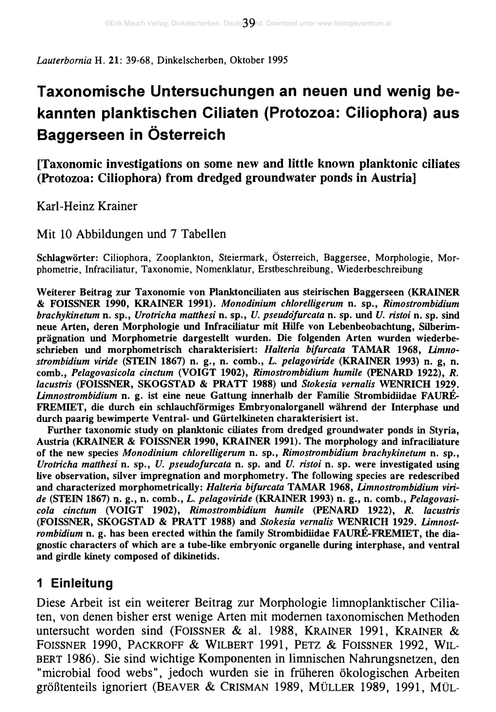 (Protozoa: Ciliophora) Aus Baggerseen in Österreich