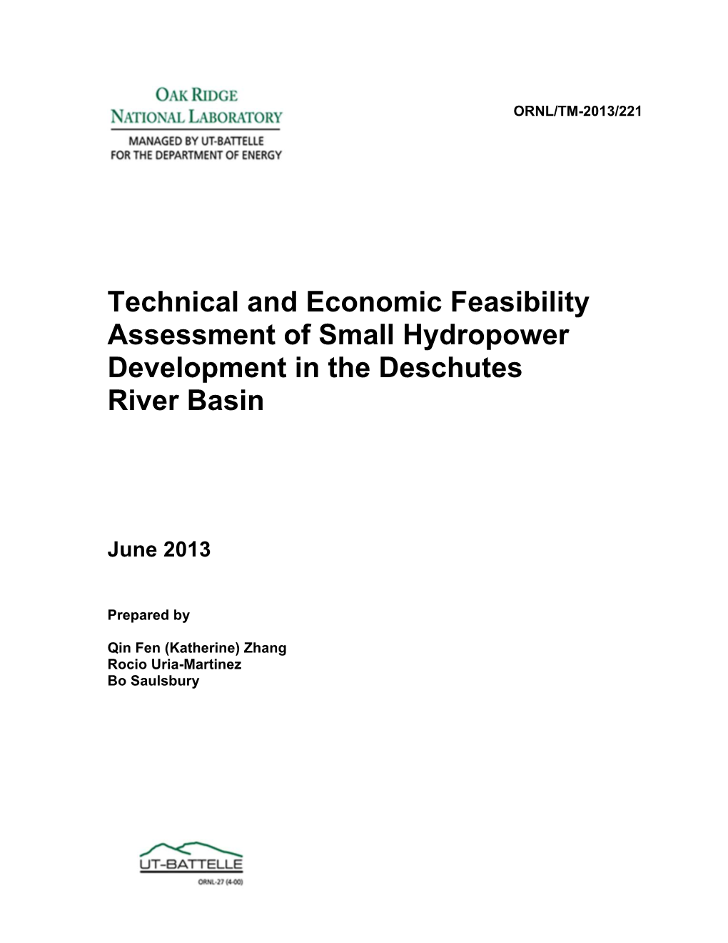 Technical and Economic Feasibility Assessment of Small Hydropower Development in the Deschutes River Basin