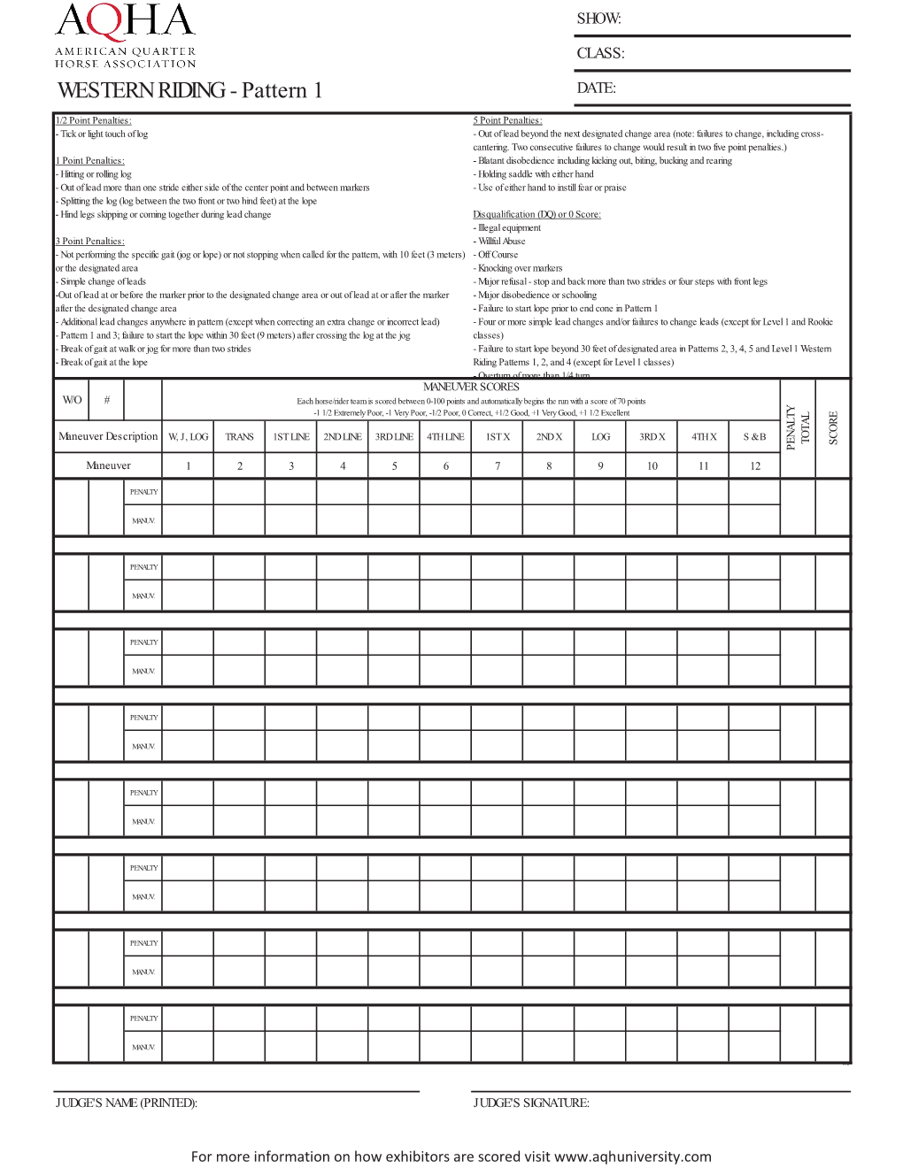 Western Riding Score Sheet Pattern 1