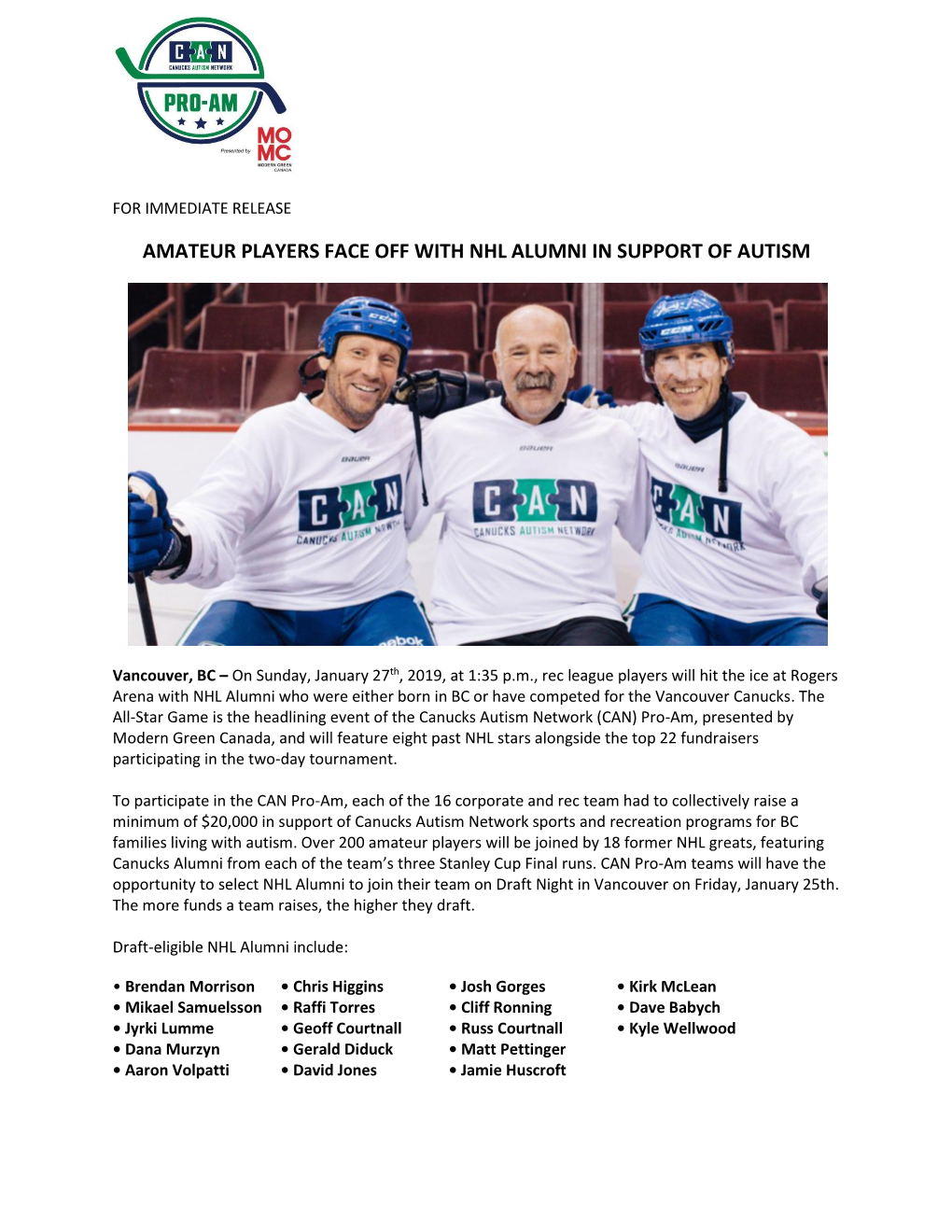 Amateur Players Face Off with Nhl Alumni in Support of Autism