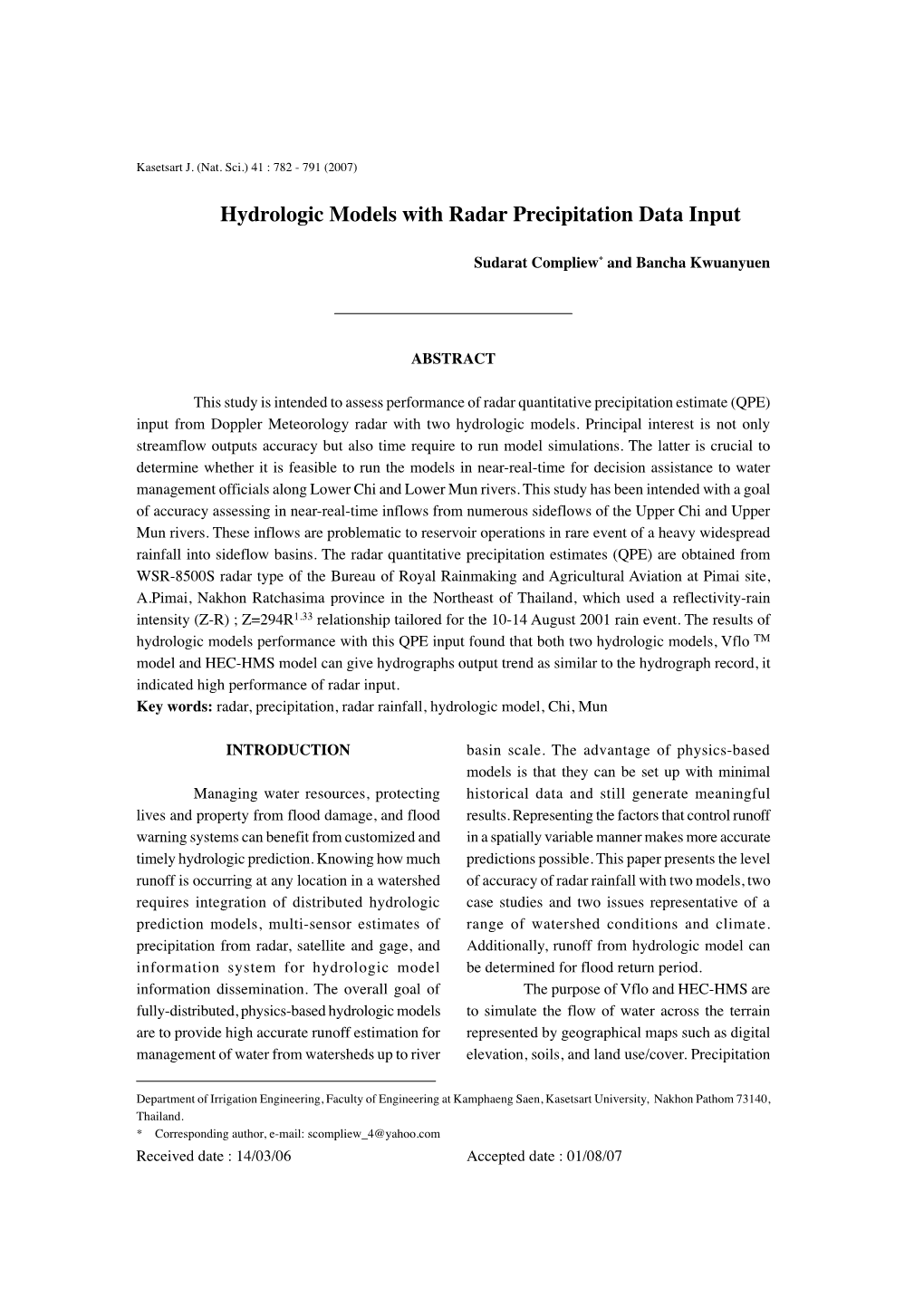 Hydrologic Models with Radar Precipitation Data Input