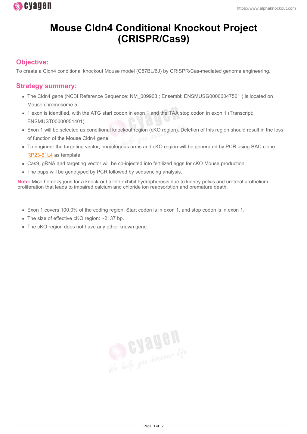 Mouse Cldn4 Conditional Knockout Project (CRISPR/Cas9)