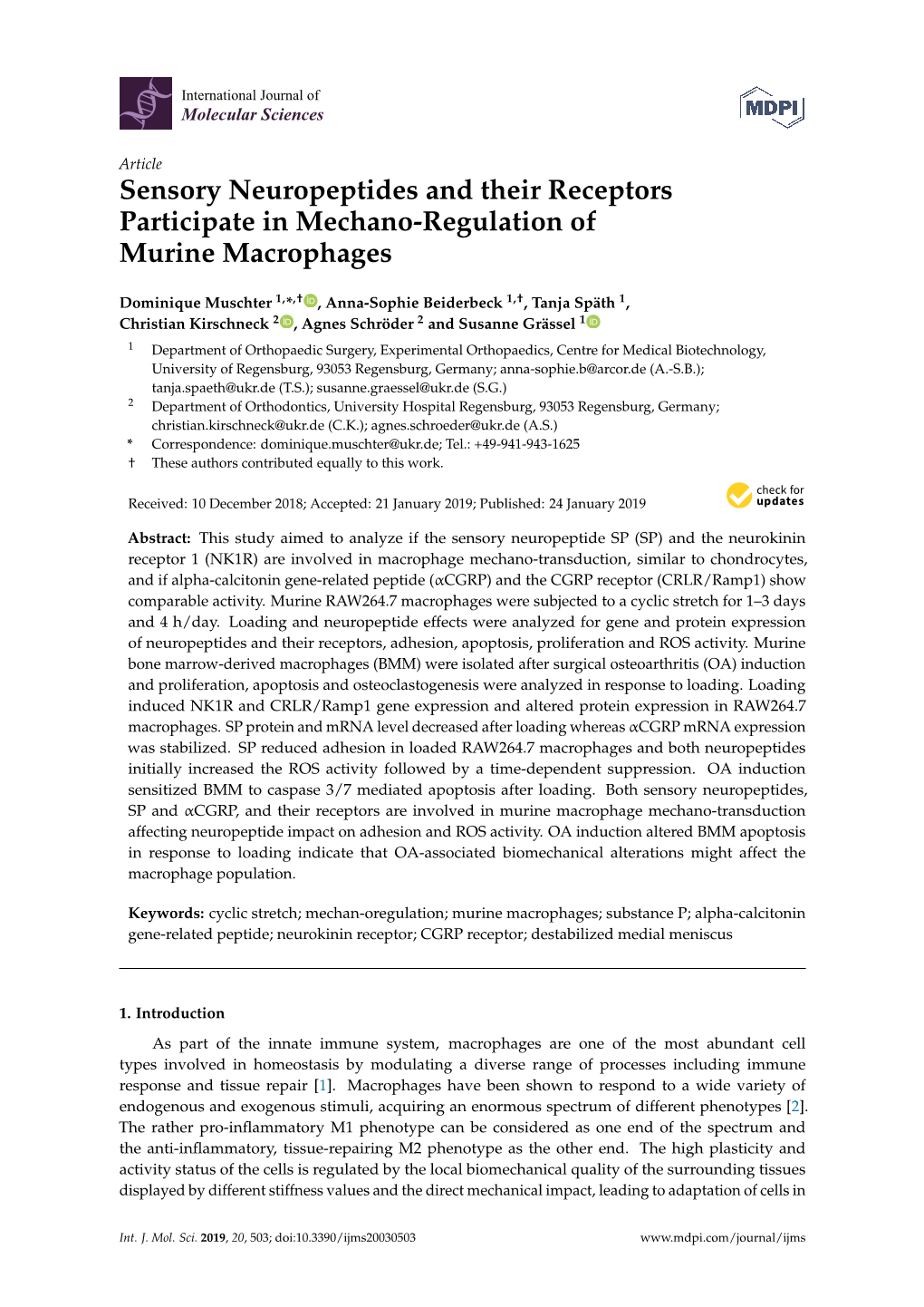 Sensory Neuropeptides and Their Receptors Participate in Mechano-Regulation of Murine Macrophages