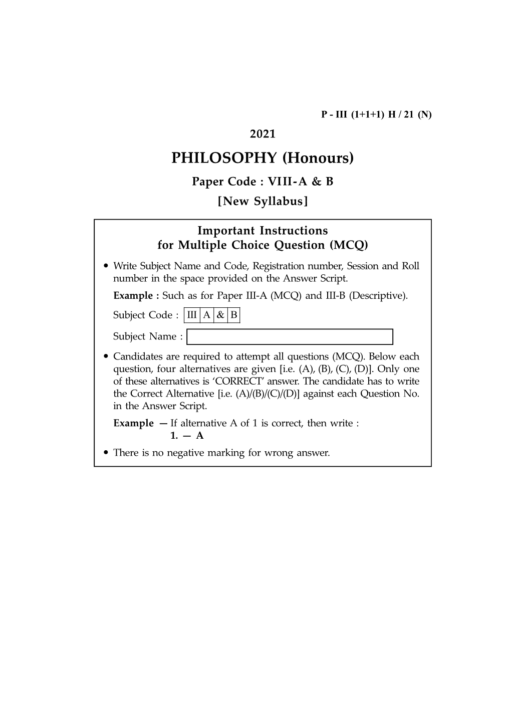 PHILOSOPHY (Honours) Paper Code : VIII-A & B [New Syllabus]