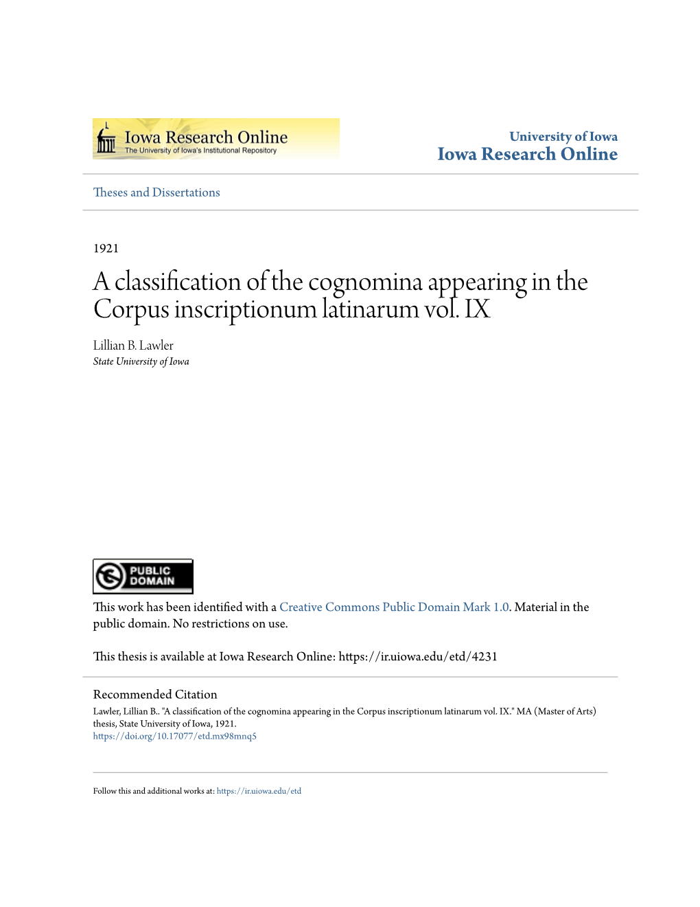 A Classification of the Cognomina Appearing in the Corpus Inscriptionum Latinarum Vol