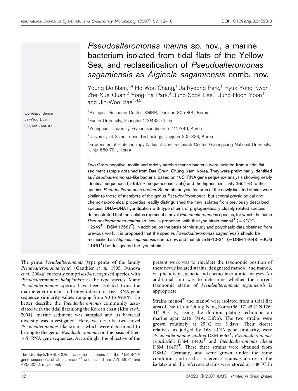 Pseudoalteromonas Marina Sp. Nov., a Marine Bacterium Isolated From