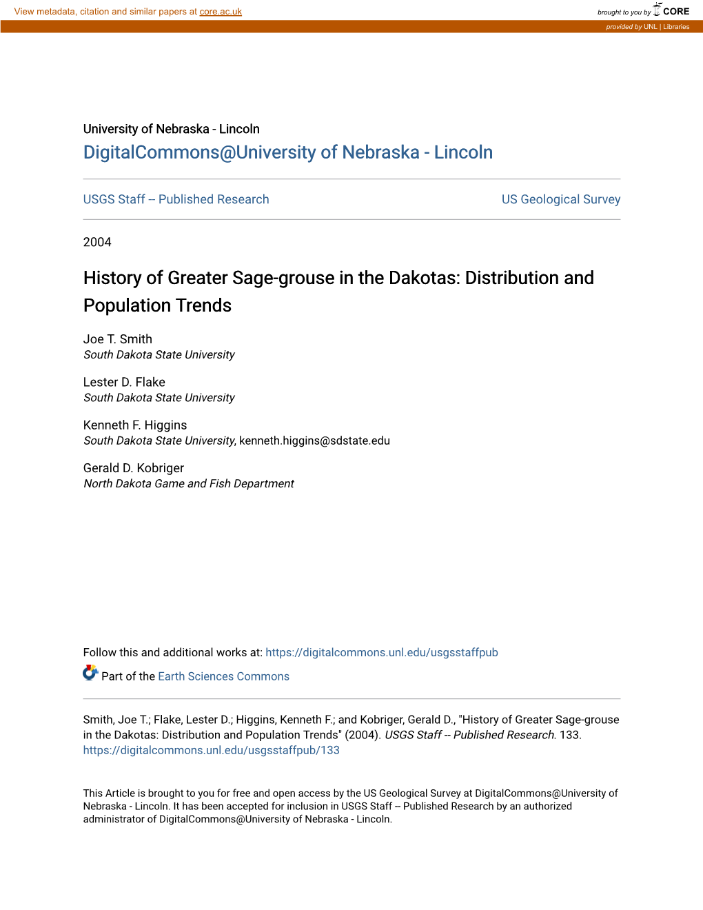 History of Greater Sage-Grouse in the Dakotas: Distribution and Population Trends