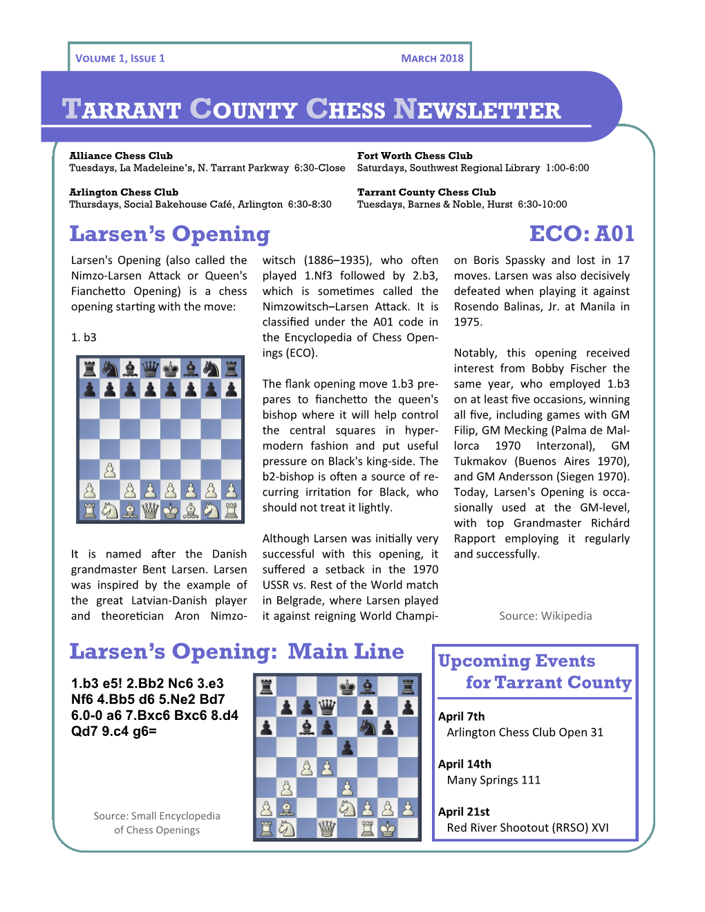 A01 Larsen's Opening: Main Line TARRANT COUNTY CHESS