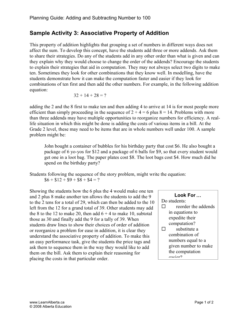 Sample Activity 3: Associative Property of Addition