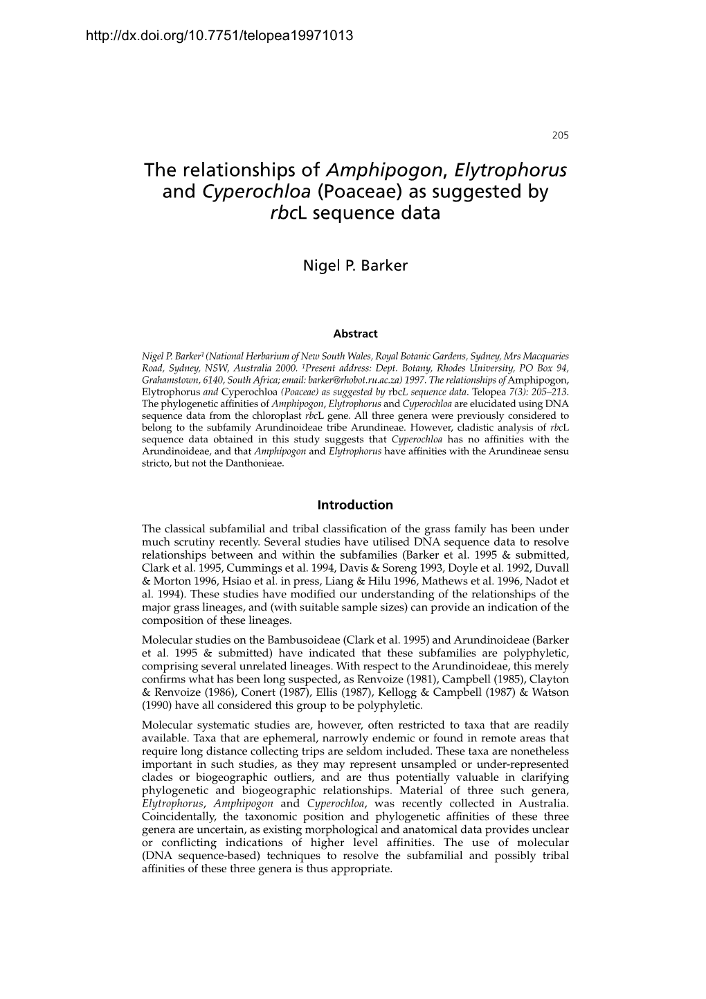 The Relationships of Amphipogon, Elytrophorus and Cyperochloa (Poaceae) As Suggested by Rbcl Sequence Data
