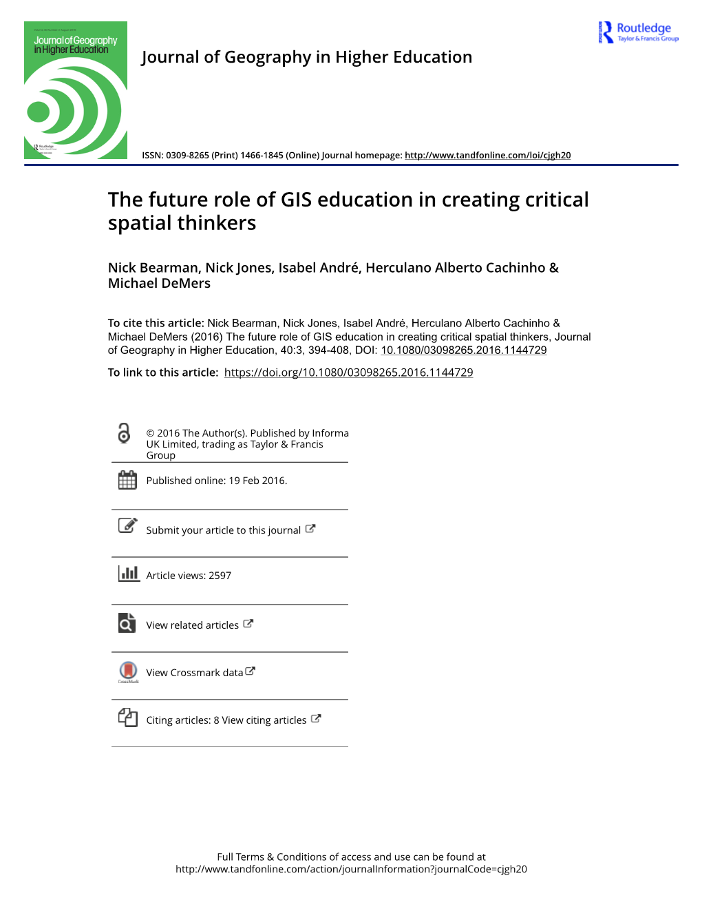 The Future Role of GIS Education in Creating Critical Spatial Thinkers