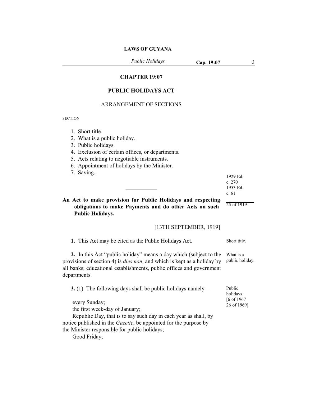 Chapter 19:07 Public Holidays Act Arrangement of Sections