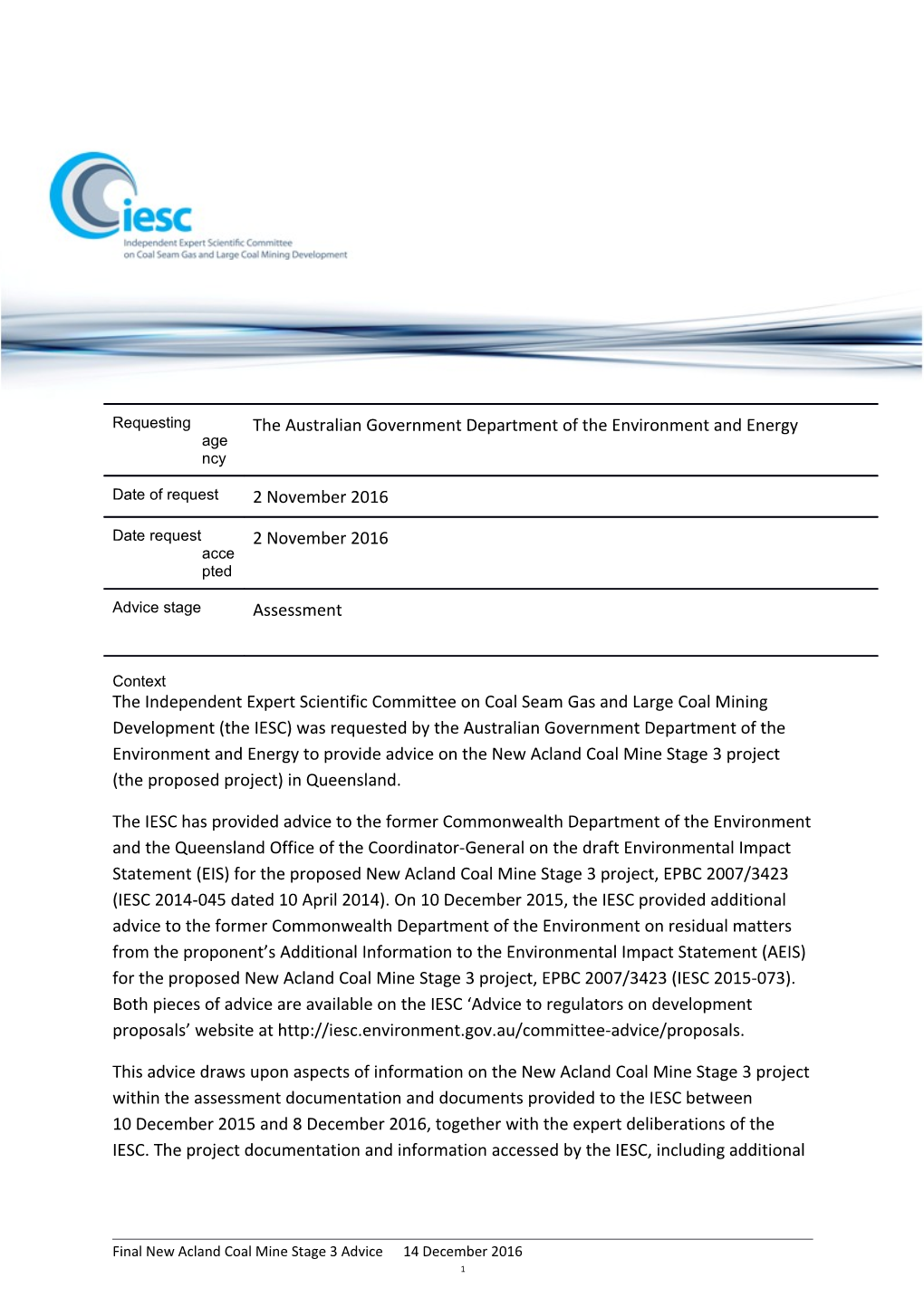 IESC 2016-081: New Acland Coal Mine Stage 3 (EPBC 2007/3423) Expansion