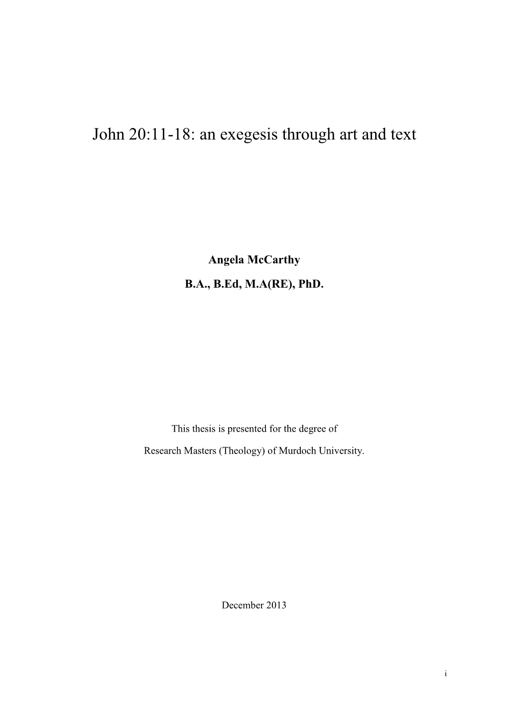 John 20:11-18: an Exegesis Through Art and Text