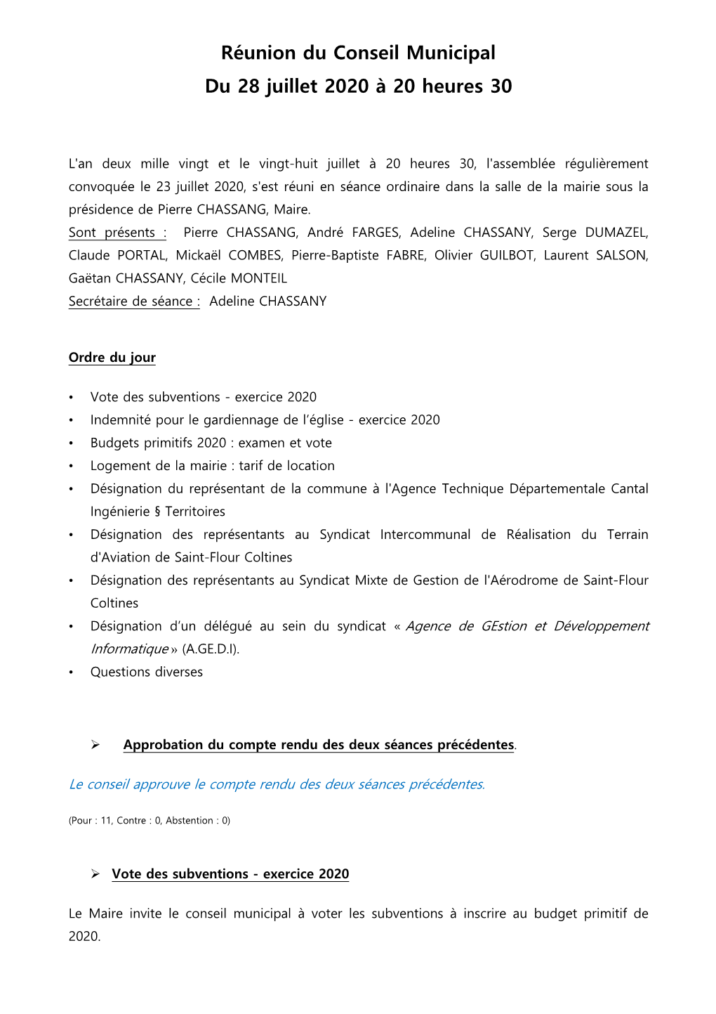 Réunion Du Conseil Municipal Du 28 Juillet 2020 À 20 Heures 30