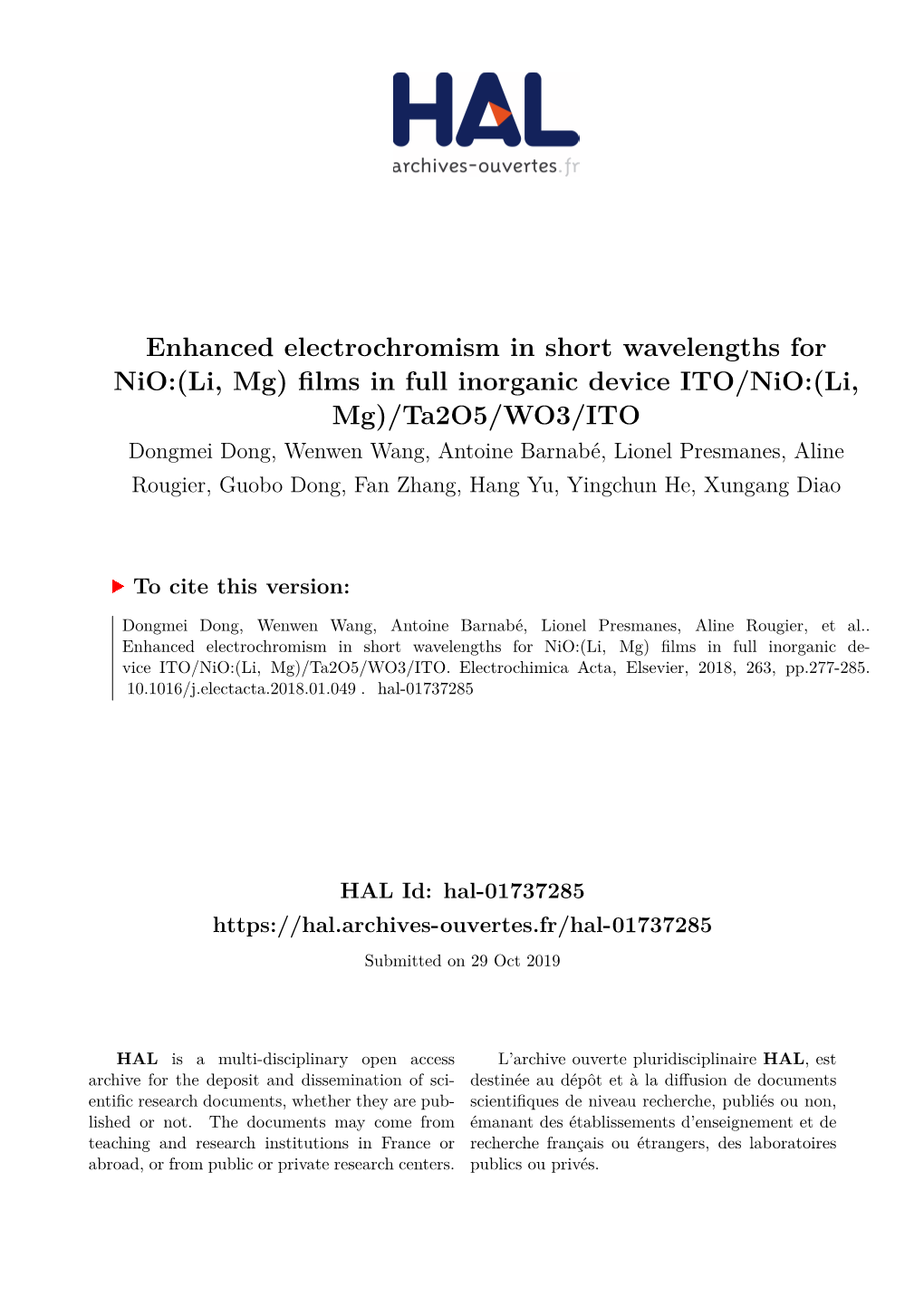Enhanced Electrochromism in Short Wavelengths for Nio:(Li, Mg) Films In