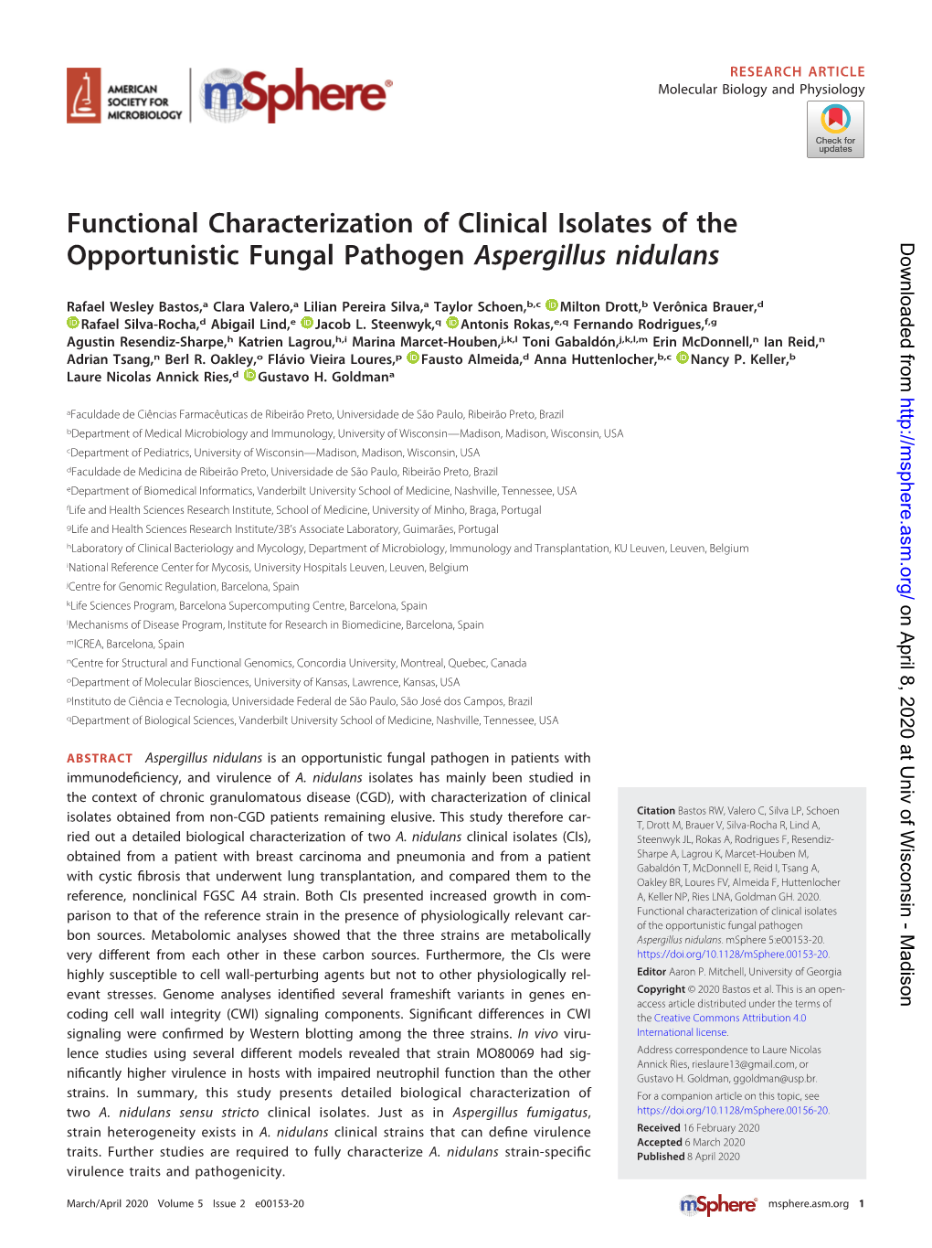 Functional Characterization of Clinical Isolates of the Opportunistic Fungal Pathogen Aspergillus Nidulans Downloaded From