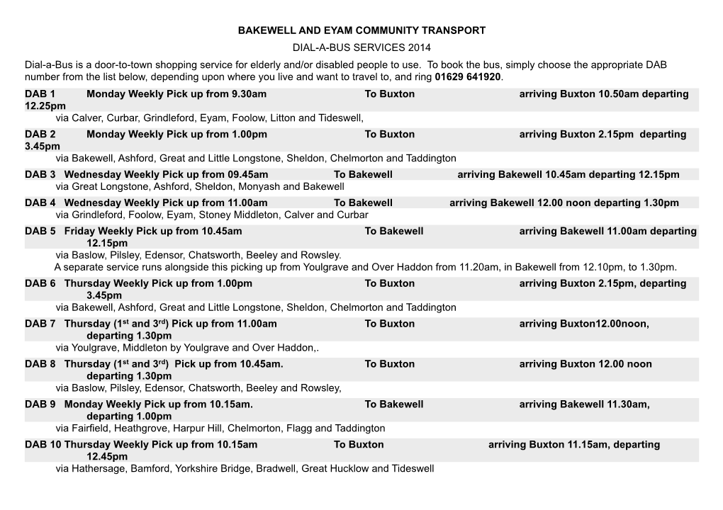 Community Transport Shopping Bus Timetable for Youlgrave