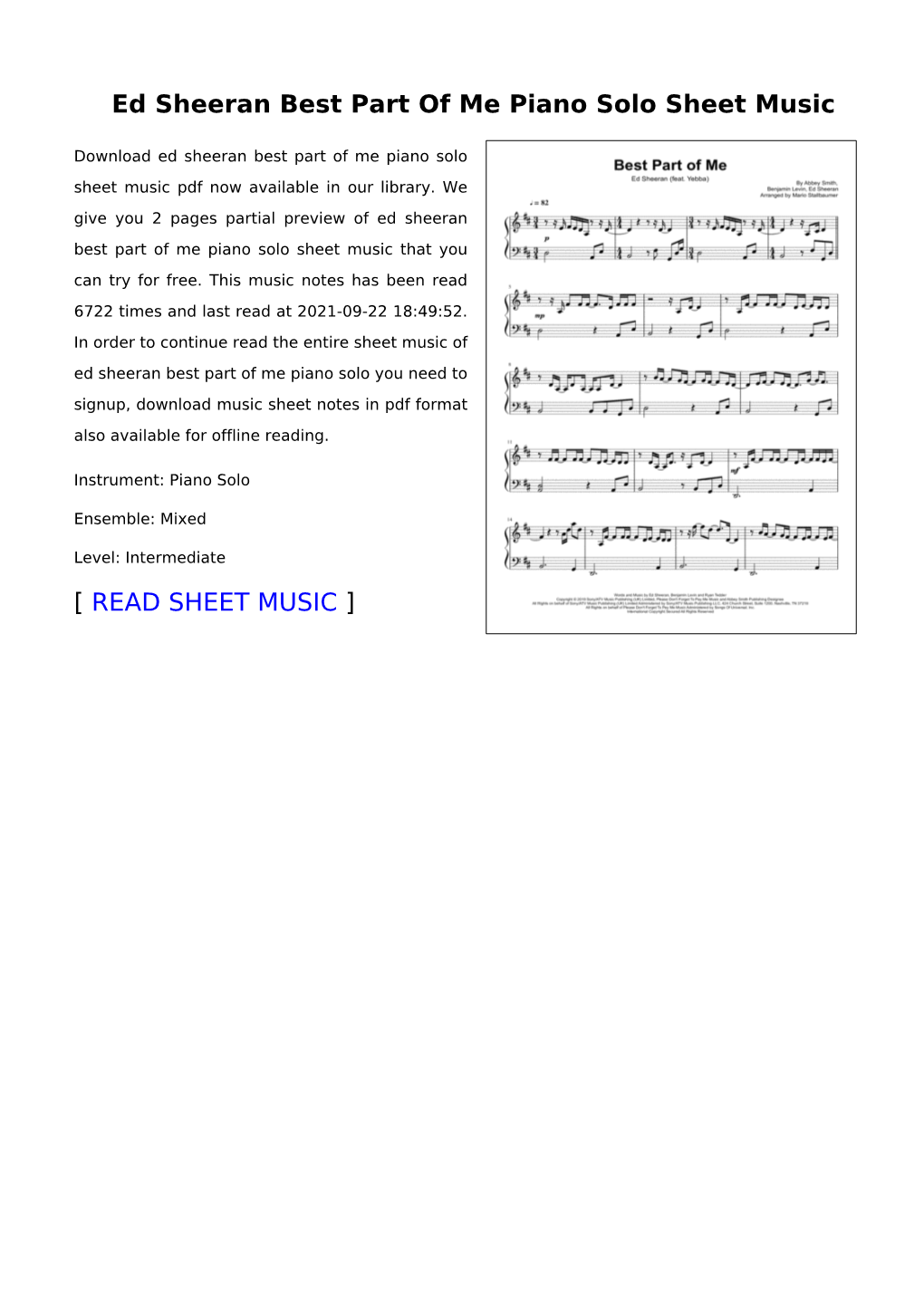 Ed Sheeran Best Part of Me Piano Solo Sheet Music