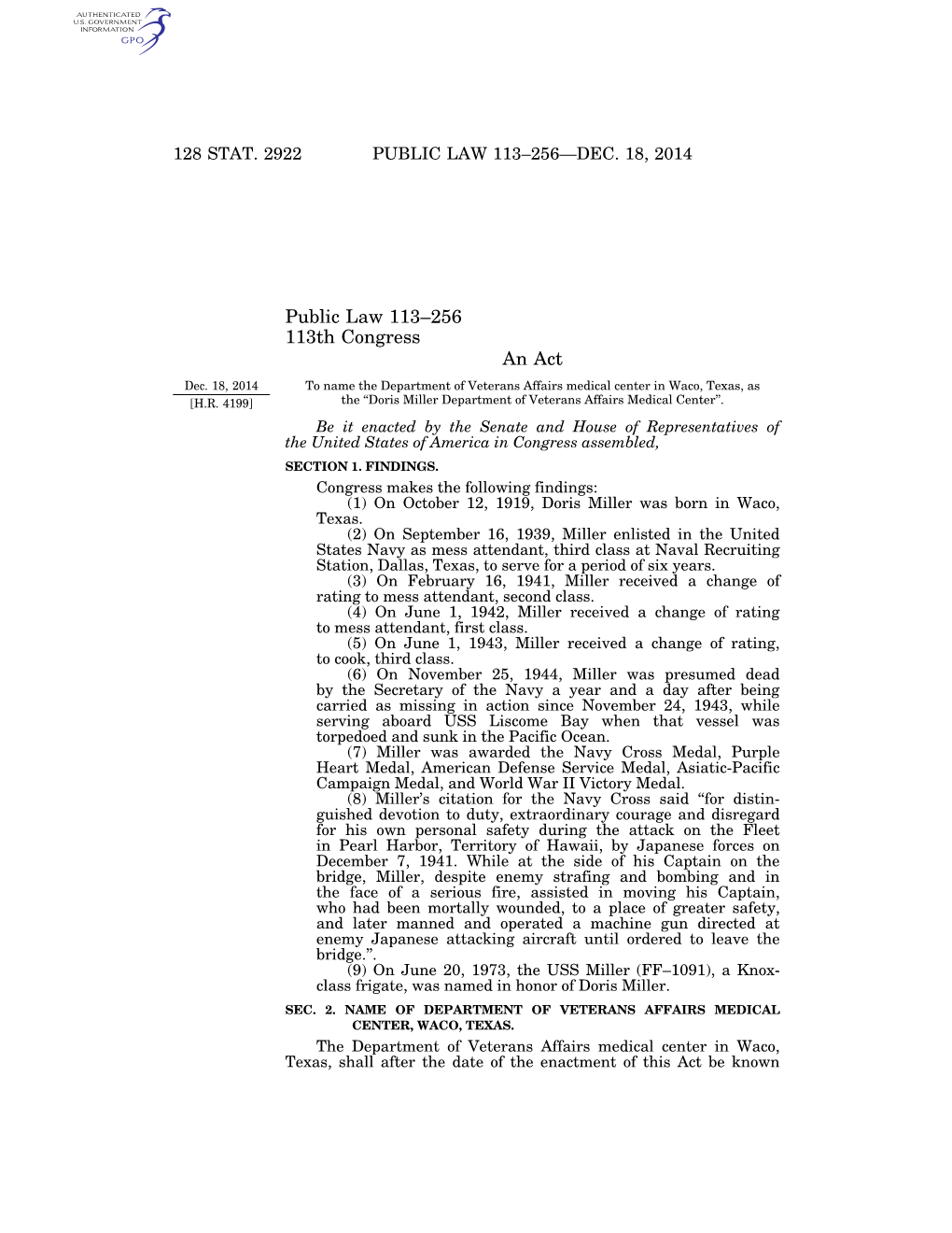 Public Law 113–256 113Th Congress an Act Dec