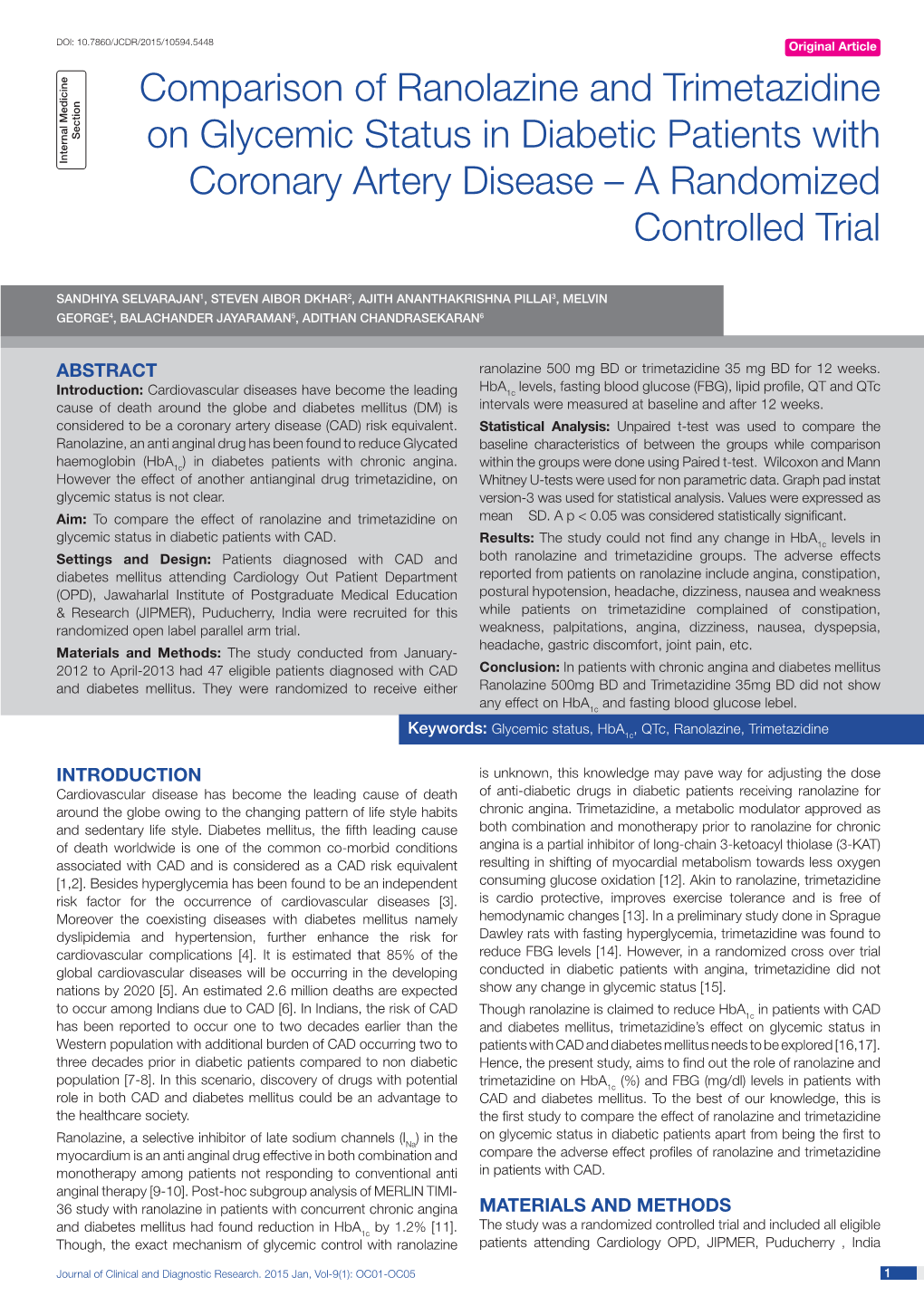 Comparison of Ranolazine and Trimetazidine on Glycemic