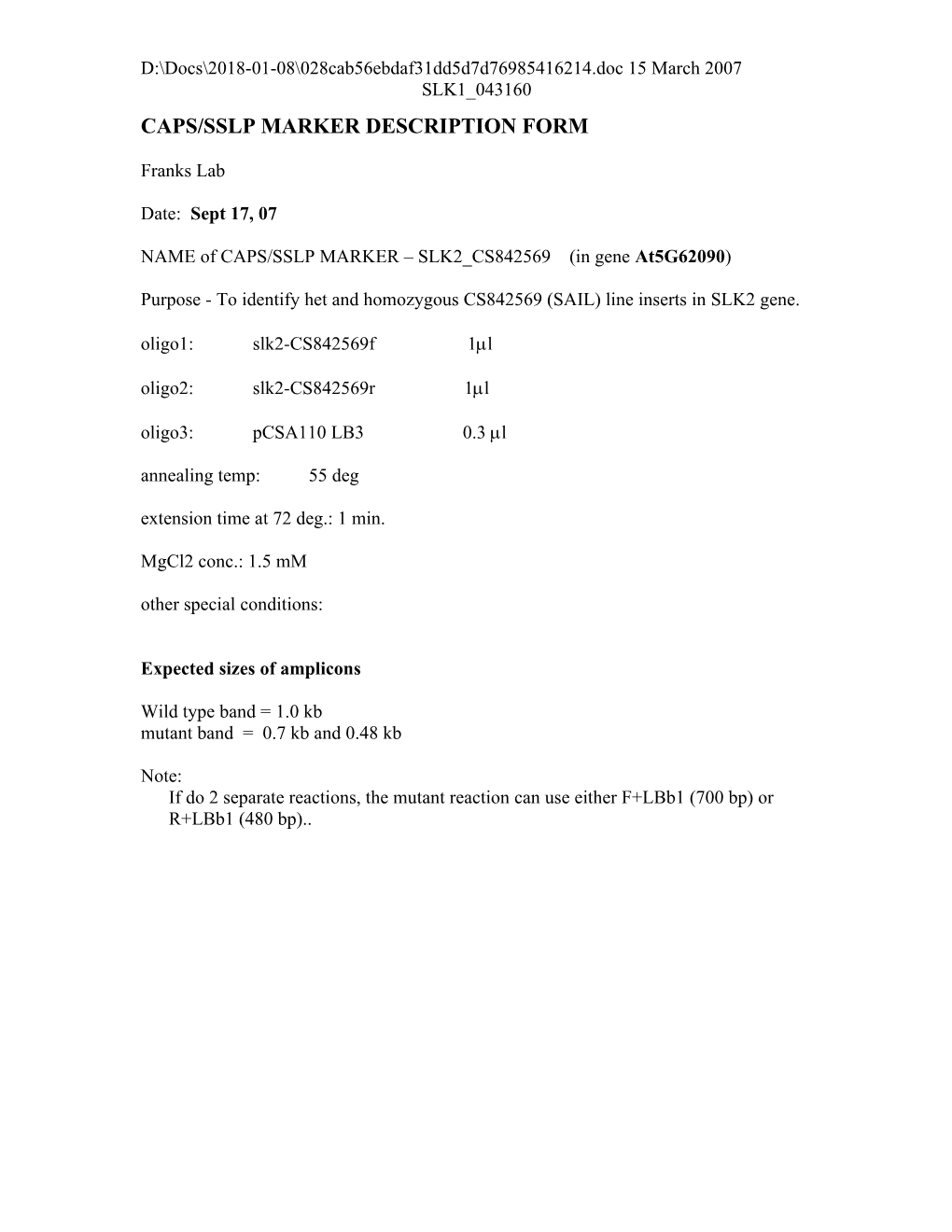 Caps/Sslp Marker Description Form