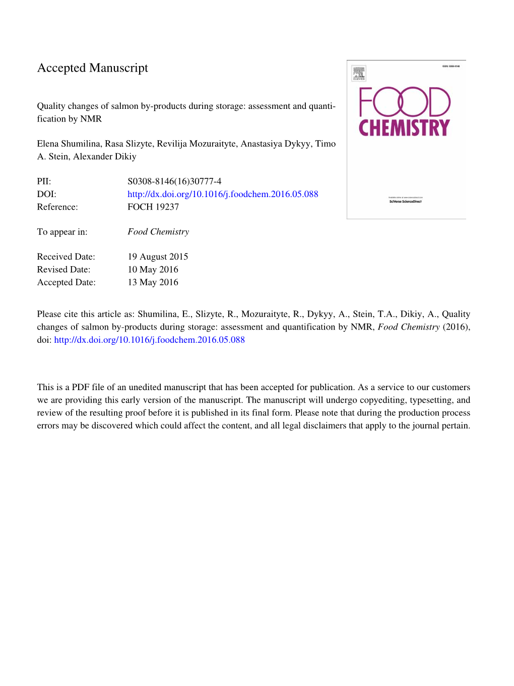 Assessment and Quantification by NMR, Food Chemistry (2016), Doi