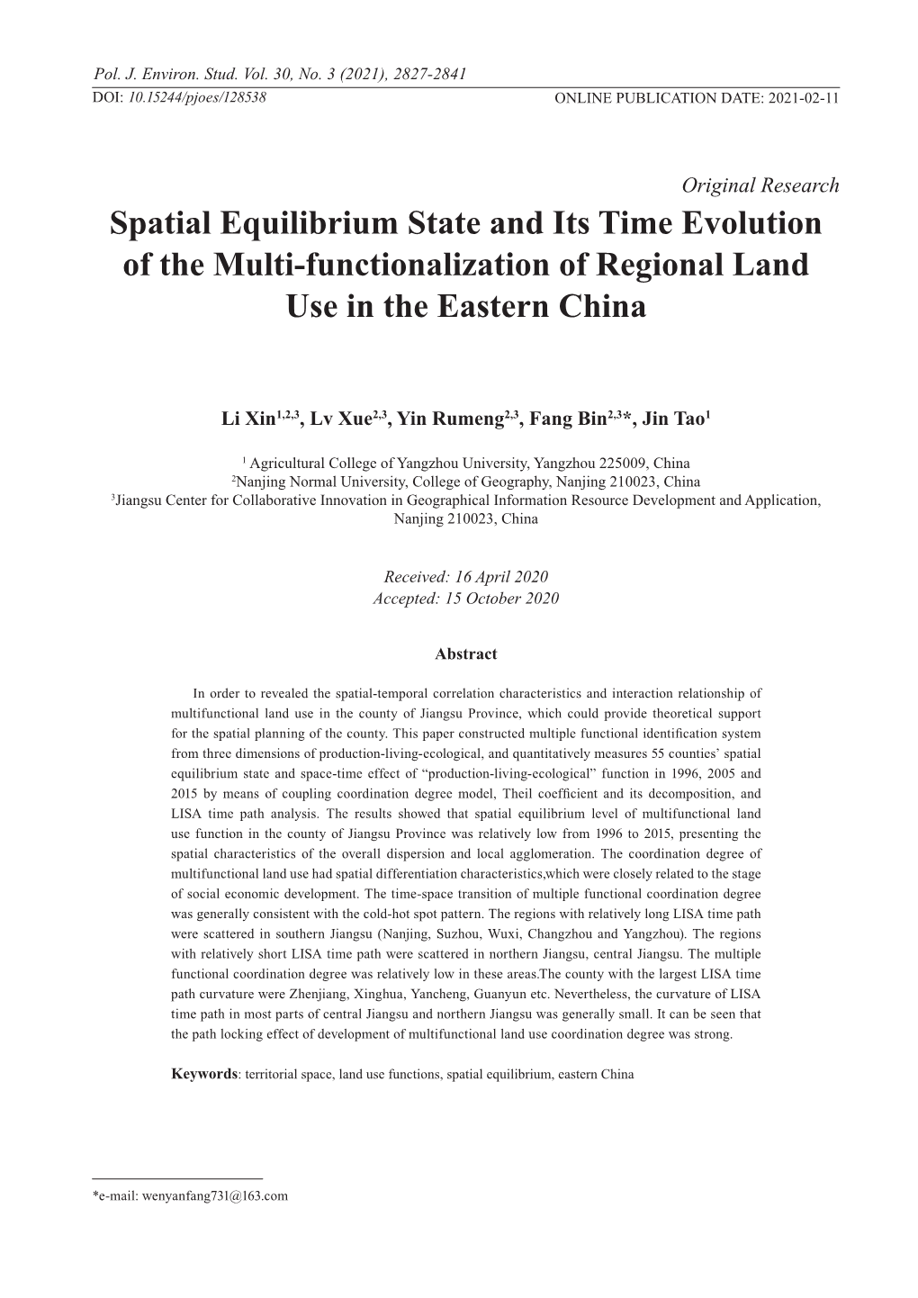 Spatial Equilibrium State and Its Time Evolution of the Multi-Functionalization of Regional Land Use in the Eastern China