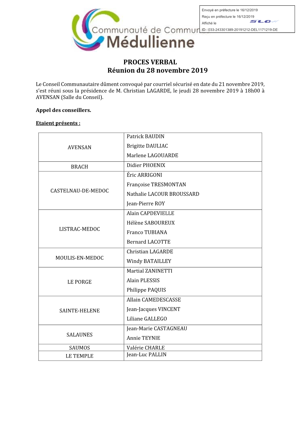 PROCES VERBAL Réunion Du 28 Novembre 2019