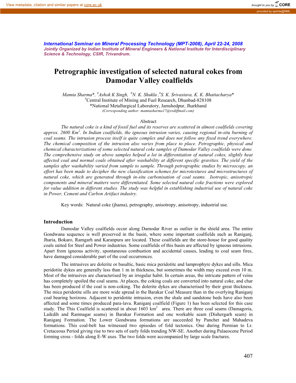 Petrography Study of Natural Cokes of Damodar Valley Coalfields