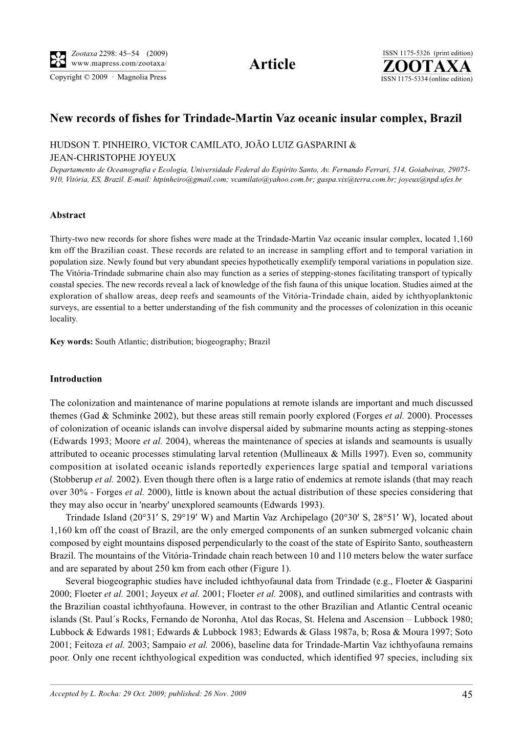 Zootaxa, New Records of Fishes for Trindade-Martin Vaz Oceanic Insular Complex, Brazil