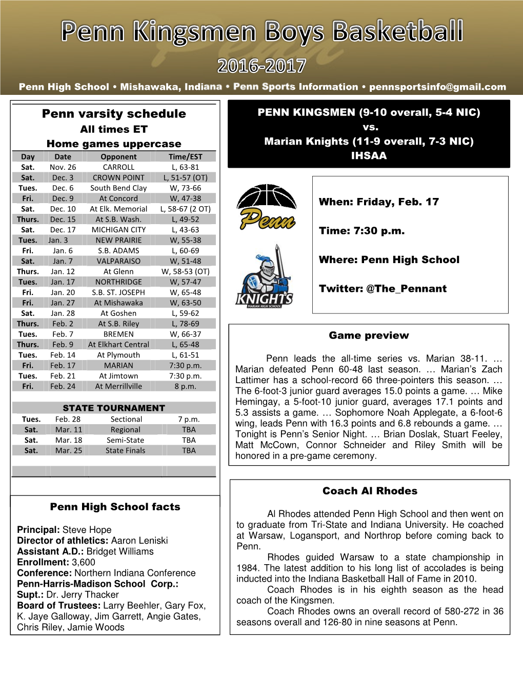 Penn Varsity Schedule PENN KINGSMEN (9-10 Overall, 5-4 NIC)