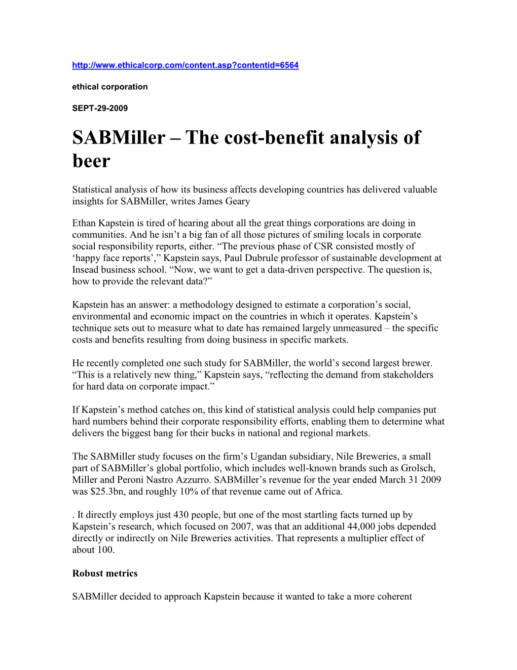 Sabmiller – the Cost-Benefit Analysis of Beer