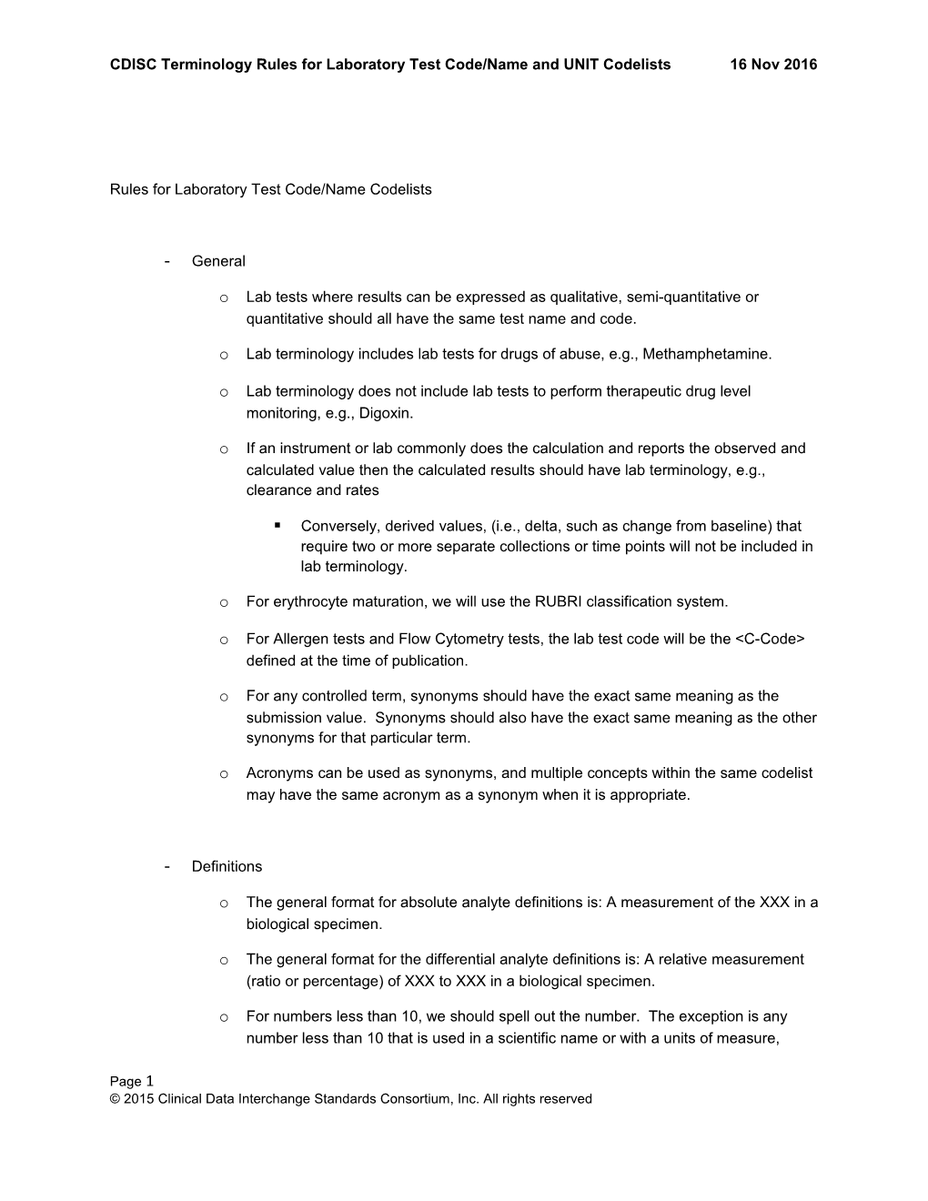 Rules for Laboratory Test Code/Name Codelists