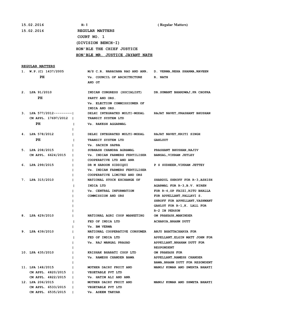 Regular Matters Court No. 1 (Division Bench-I) Hon'ble the Chief Justice Hon'ble Mr